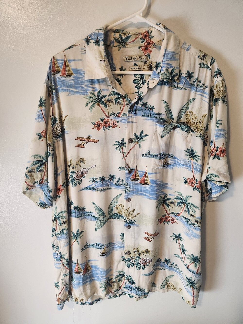 Men’s Tropical Print Hawaiian Shirt - Cream with Blue & Green